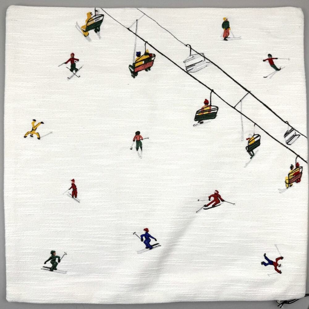 West Elm Embroidered Skier Pillow Cover 18x18 Alabaster Cotton Winter Decor New